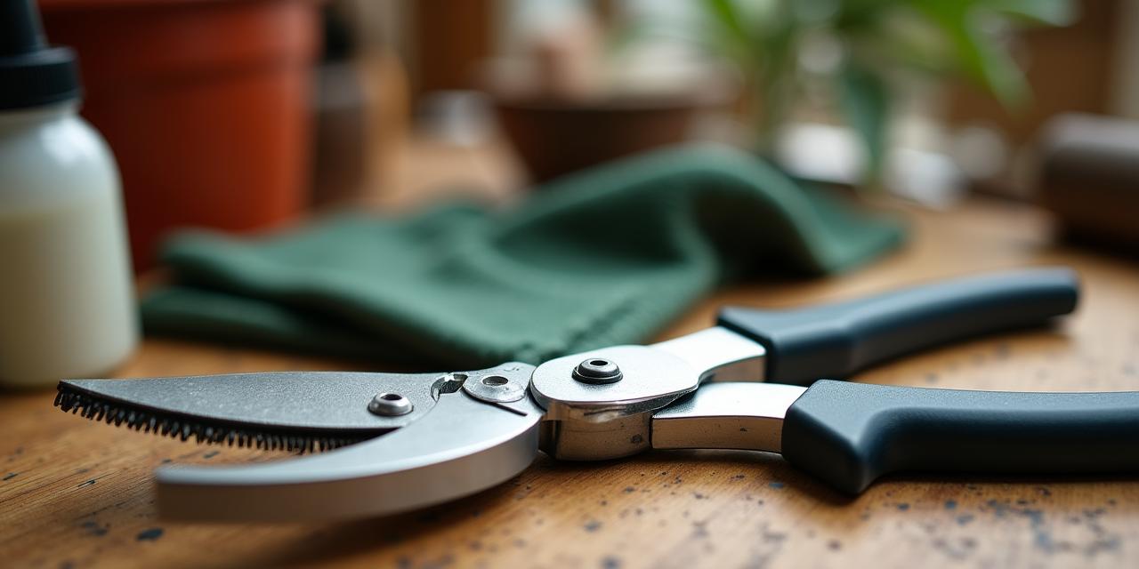 Primo piano di un paio di cesoie professionali pulite su un banco da lavoro in legno